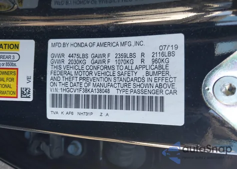 2019 Honda Accord Sport from USA, damaged, VIN 1HGCV1F38KA138048